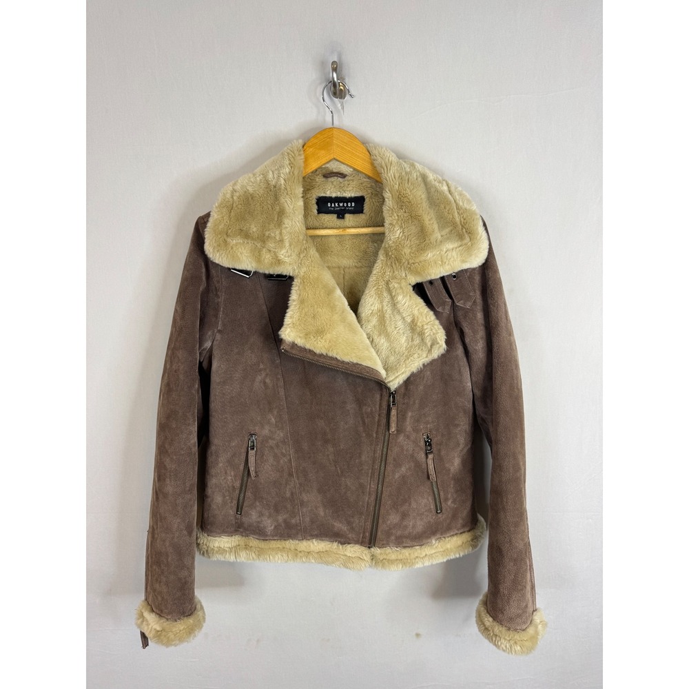 Oakwood Brown Pig Split Leather Faux Fur Lined Aviator Jacket Women Large